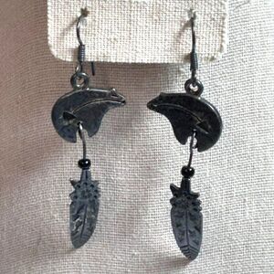 Vintage Sterling Silver Fetish Bear & Feather Dangle Earrings With Tribal Design